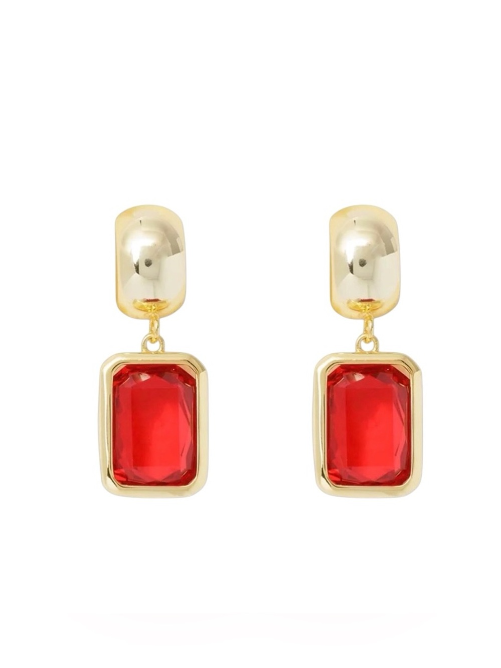 Amanda Blu Red Ruby Rectangle Cubic Zirconia Rhinestone 18K Dipped Gold Earring